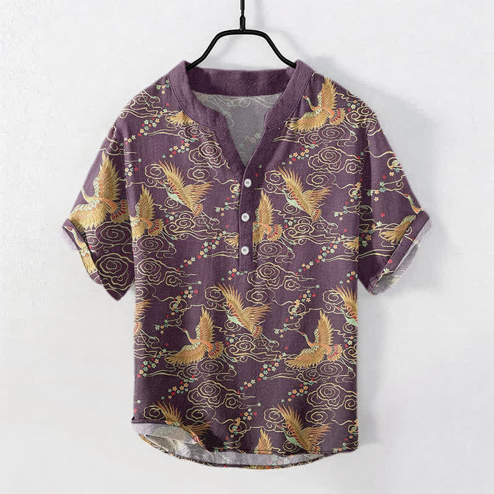 Buddha Stones Chemise homme à manches courtes et demi-boutonnée en coton à motif de grues dorées et de nuages - Violet - US/UK/AU50，EU60 (5XL) - image 5