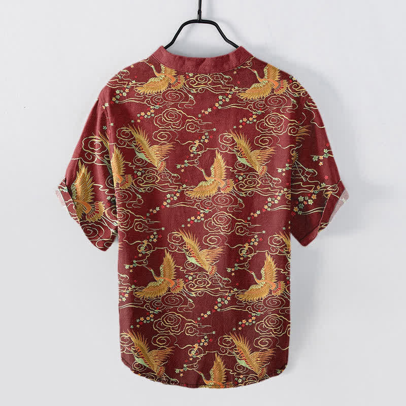 Buddha Stones Chemise homme à manches courtes et demi-boutonnée en coton à motif de grues dorées et de nuages - image 8