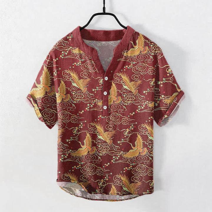 Buddha Stones Chemise homme à manches courtes et demi-boutonnée en coton à motif de grues dorées et de nuages - Bordeaux - US/UK/AU50，EU60 (5XL) - image 7