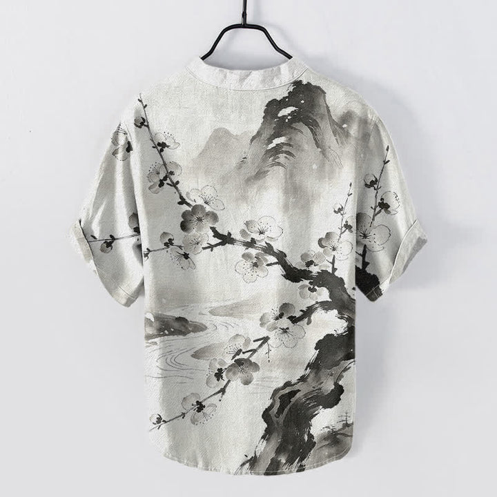Buddha Stones Chemise homme à manches courtes et demi-boutonnée, motif fleurs de prunier, encre de coton - image 1