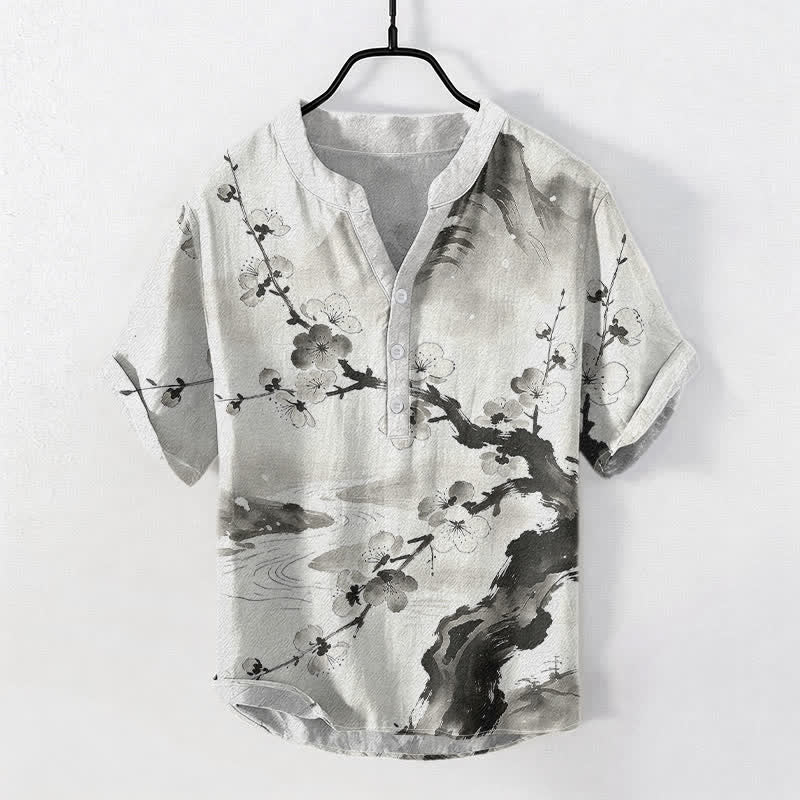 Buddha Stones Chemise homme à manches courtes et demi-boutonnée, motif fleurs de prunier, encre de coton - Ivoire - US/UK/AU50，EU60 (5XL) - image 0