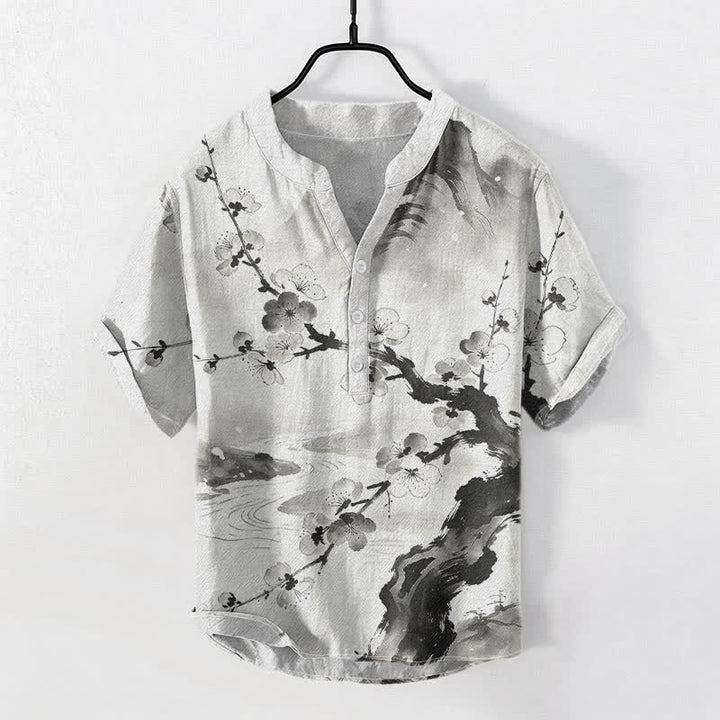 Buddha Stones Chemise homme à manches courtes et demi-boutonnée, motif fleurs de prunier, encre de coton - Ivoire - US/UK/AU50，EU60 (5XL) - image 0
