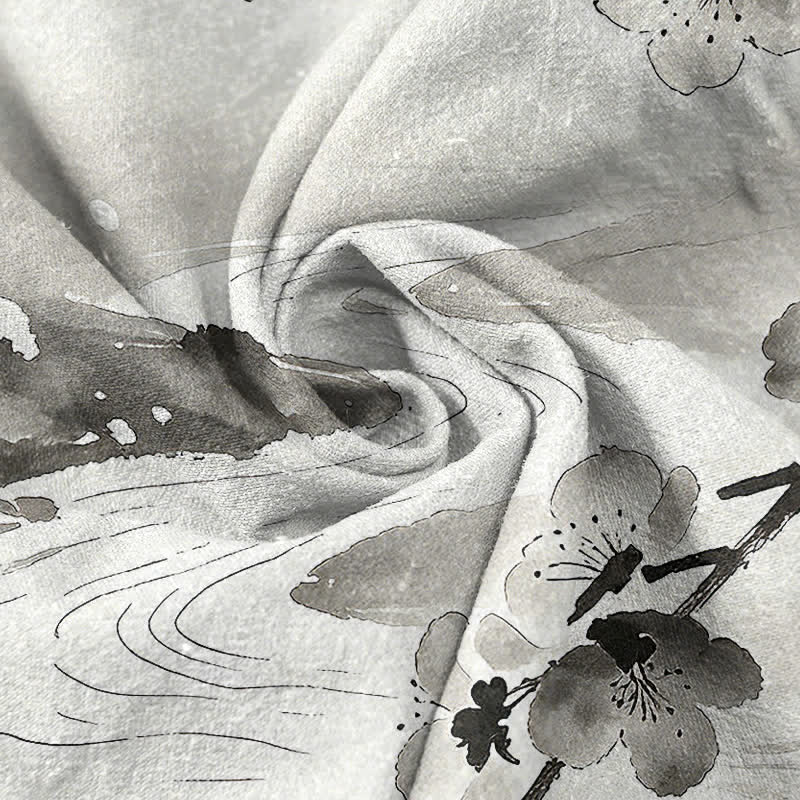 Buddha Stones Chemise homme à manches courtes et demi-boutonnée, motif fleurs de prunier, encre de coton - image 2