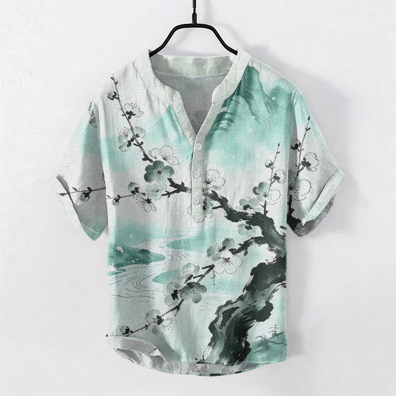 Buddha Stones Chemise homme à manches courtes et demi-boutonnée, motif fleurs de prunier, encre de coton - image 3