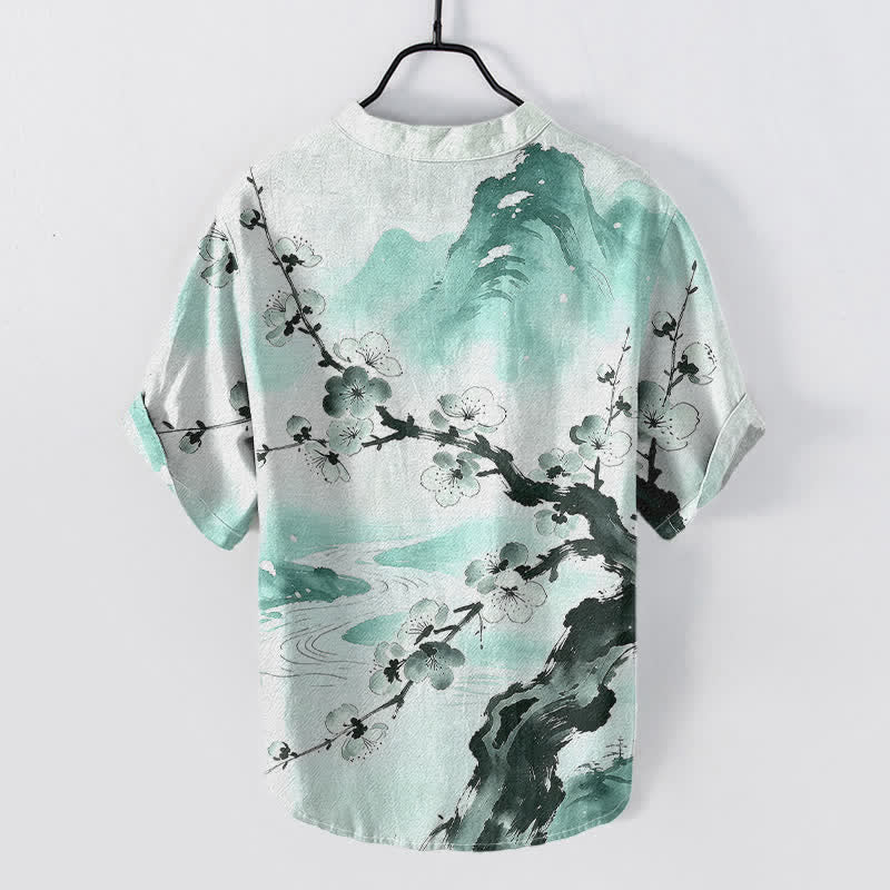 Buddha Stones Chemise homme à manches courtes et demi-boutonnée, motif fleurs de prunier, encre de coton - Bleu vert - US/UK/AU50，EU60 (5XL) - image 4
