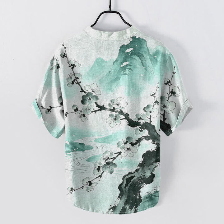 Buddha Stones Chemise homme à manches courtes et demi-boutonnée, motif fleurs de prunier, encre de coton - Bleu vert - US/UK/AU50，EU60 (5XL) - image 4