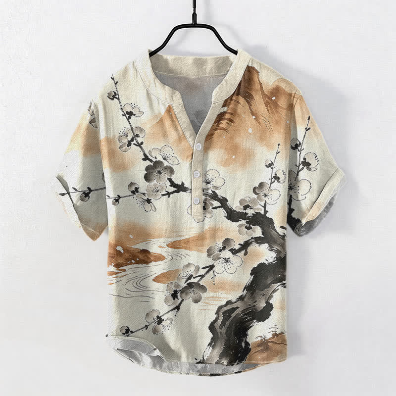 Buddha Stones Chemise homme à manches courtes et demi-boutonnée, motif fleurs de prunier, encre de coton - Blé - US/UK/AU50，EU60 (5XL) - image 5