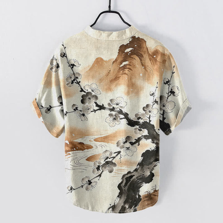 Buddha Stones Chemise homme à manches courtes et demi-boutonnée, motif fleurs de prunier, encre de coton - image 6