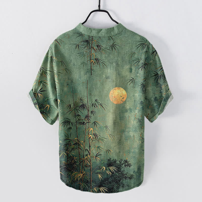 Buddha Stones Chemise homme à manches courtes et demi-boutonnée en coton et bambou à motif lune dorée - image 1