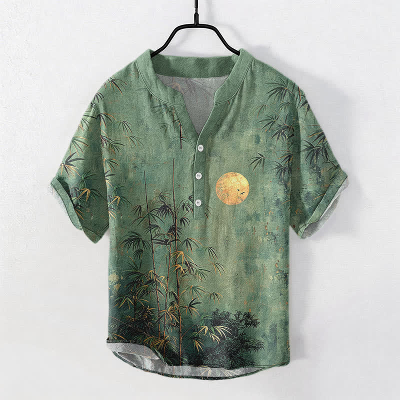 Buddha Stones Chemise homme à manches courtes et demi-boutonnée en coton et bambou à motif lune dorée - Vert d'eau - US/UK/AU50，EU60 (5XL) - image 0