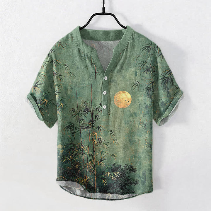 Buddha Stones Chemise homme à manches courtes et demi-boutonnée en coton et bambou à motif lune dorée - Vert d'eau - US/UK/AU50，EU60 (5XL) - image 0