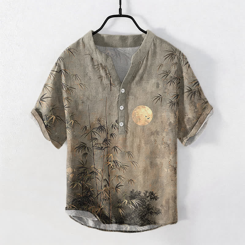 Buddha Stones Chemise homme à manches courtes et demi-boutonnée en coton et bambou à motif lune dorée - Gris foncé - US/UK/AU50，EU60 (5XL) - image 5