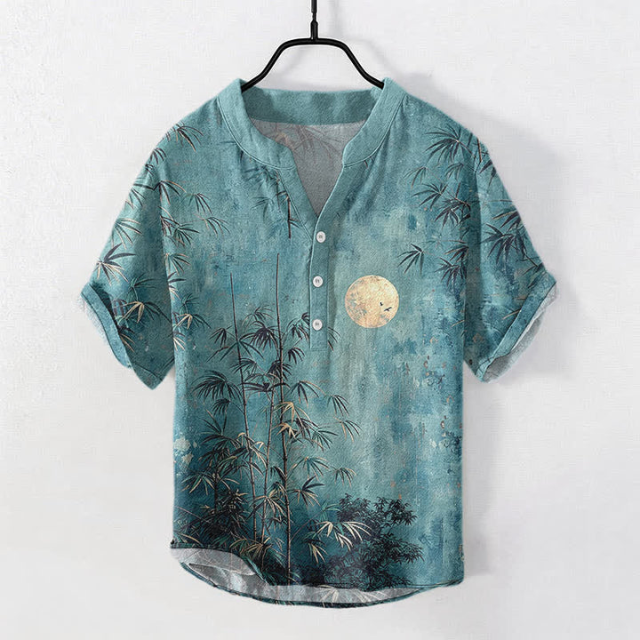 Buddha Stones Chemise homme à manches courtes et demi-boutonnée en coton et bambou à motif lune dorée - Sarcelle - US/UK/AU50，EU60 (5XL) - image 7