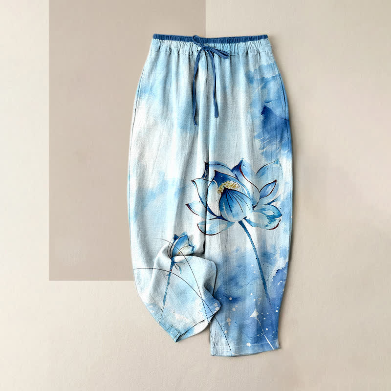 Buddha Stones Pantalon pour femme en pur coton à motif lotus aquarelle, taille élastique et poches - Bleu clair - US16，UK/AU20，EU48 (3XL) - image 0