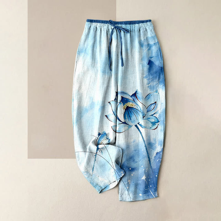 Buddha Stones Pantalon pour femme en pur coton à motif lotus aquarelle, taille élastique et poches - Bleu clair - US16，UK/AU20，EU48 (3XL) - image 0