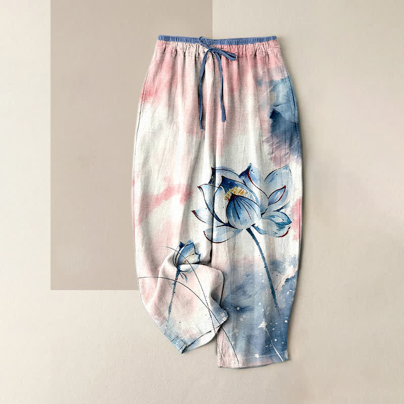 Buddha Stones Pantalon pour femme en pur coton à motif lotus aquarelle, taille élastique et poches - Ivoire - US16，UK/AU20，EU48 (3XL) - image 3
