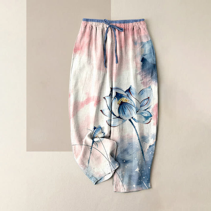 Buddha Stones Pantalon pour femme en pur coton à motif lotus aquarelle, taille élastique et poches - Ivoire - US16，UK/AU20，EU48 (3XL) - image 3