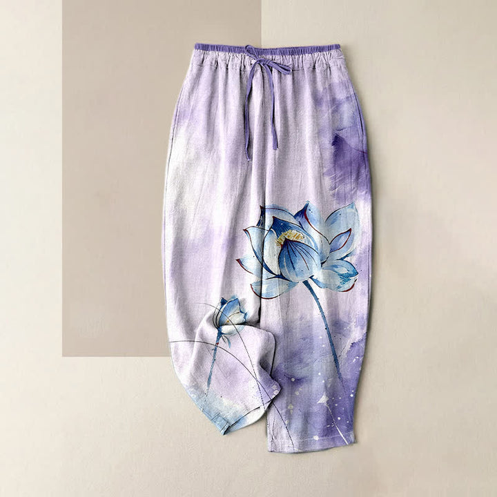 Buddha Stones Pantalon pour femme en pur coton à motif lotus aquarelle, taille élastique et poches - Lavande - US16，UK/AU20，EU48 (3XL) - image 4