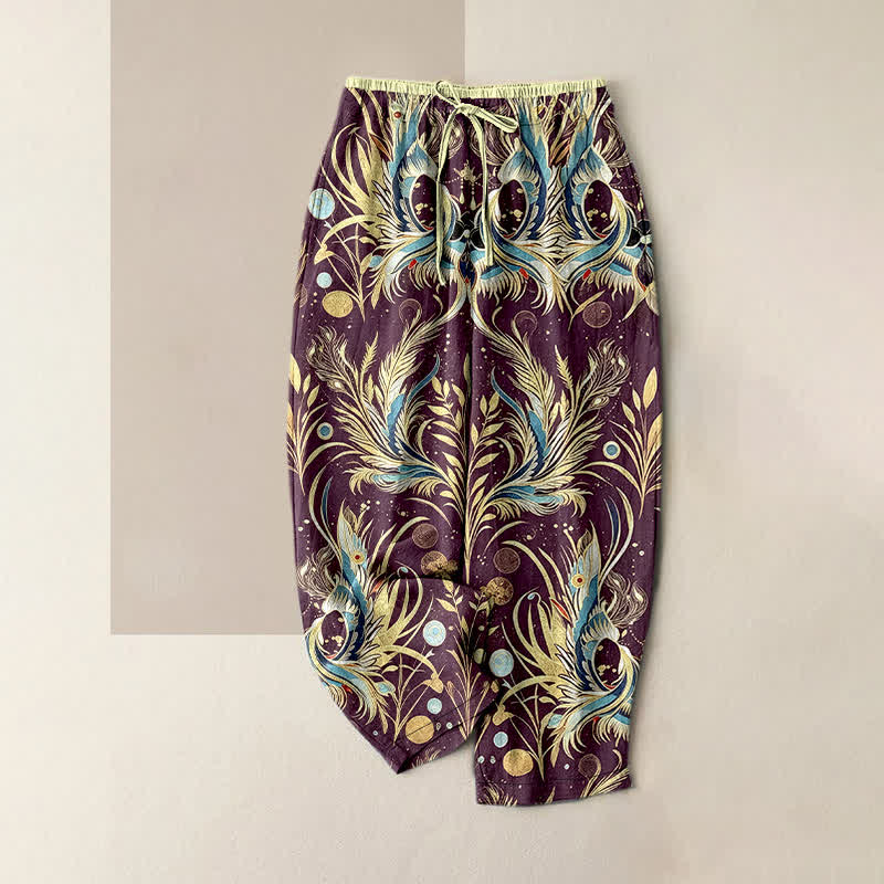 Buddha Stones Pantalon pour femme en pur coton à pois et motif plumes de paon, taille élastique et poches - Violette sombre - US16，UK/AU20，EU48 (3XL) - image 0