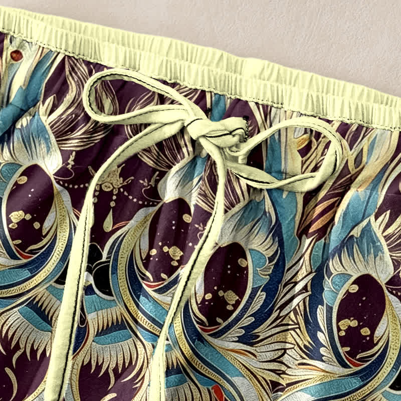Buddha Stones Pantalon pour femme en pur coton à pois et motif plumes de paon, taille élastique et poches - image 1