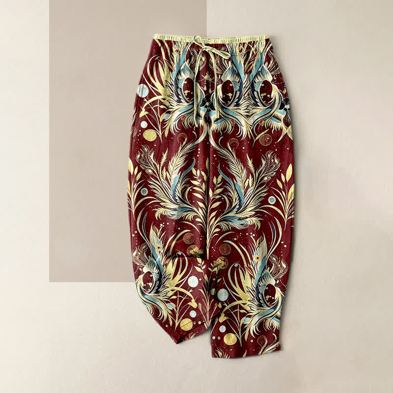 Buddha Stones Pantalon pour femme en pur coton à pois et motif plumes de paon, taille élastique et poches - Bordeaux - US16，UK/AU20，EU48 (3XL) - image 4
