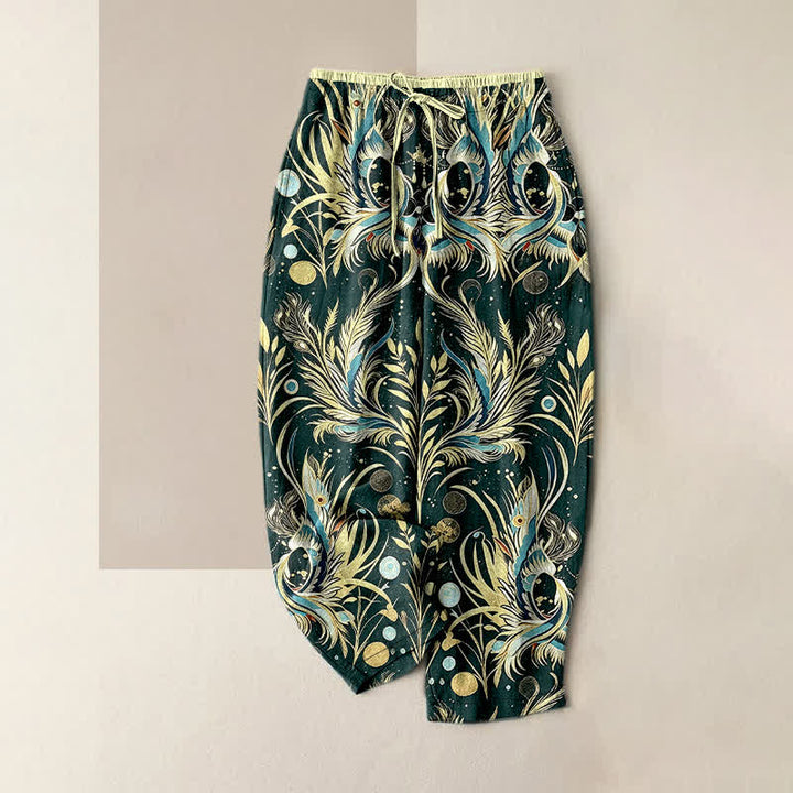 Buddha Stones Pantalon pour femme en pur coton à pois et motif plumes de paon, taille élastique et poches - Vert foncé - US16，UK/AU20，EU48 (3XL) - image 5