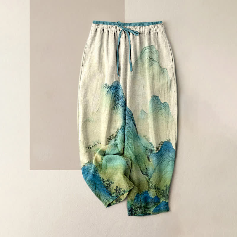 Buddha Stones Pantalon pour femme en pur coton délavé à motif montagne, taille élastique et poches - Blanc antique - US16，UK/AU20，EU48 (3XL) - image 0