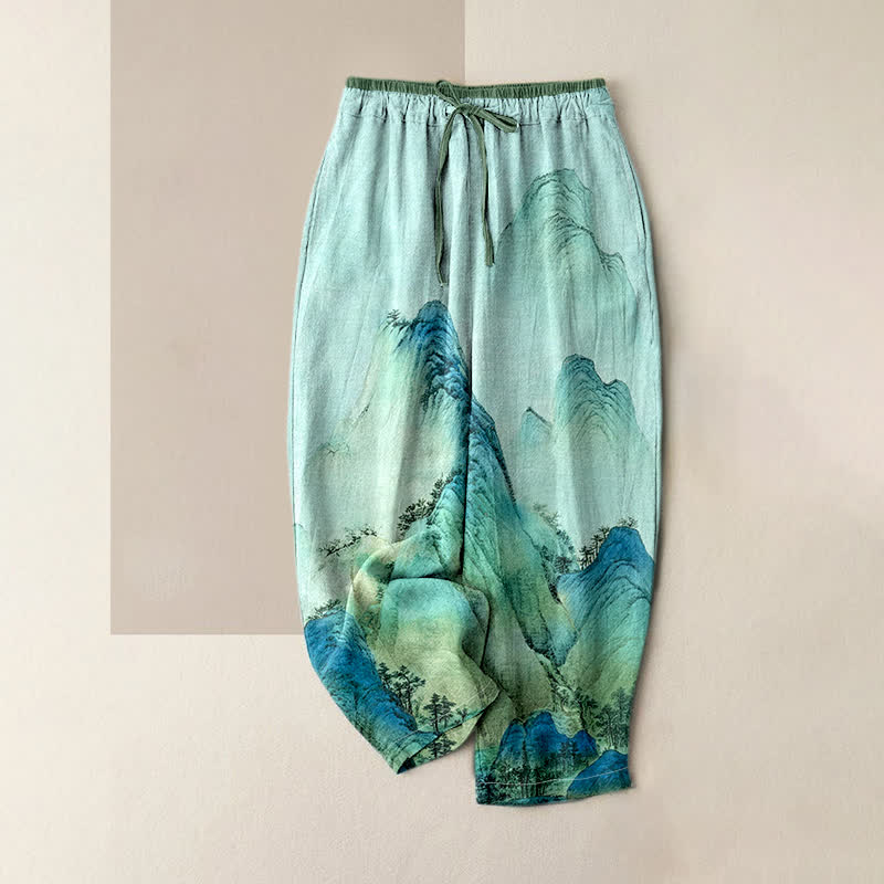 Buddha Stones Pantalon pour femme en pur coton délavé à motif montagne, taille élastique et poches - Bleu vert - US16，UK/AU20，EU48 (3XL) - image 3