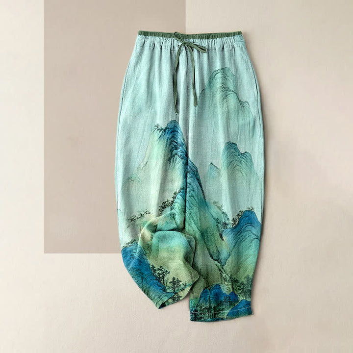 Buddha Stones Pantalon pour femme en pur coton délavé à motif montagne, taille élastique et poches - Bleu vert - US16，UK/AU20，EU48 (3XL) - image 3