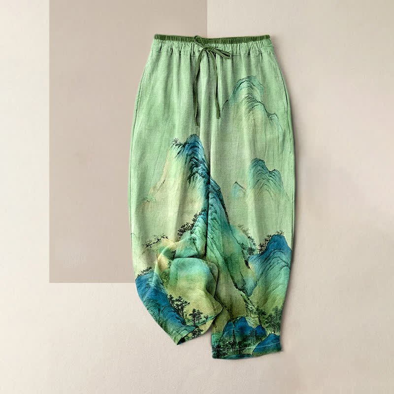 Buddha Stones Pantalon pour femme en pur coton délavé à motif montagne, taille élastique et poches - Vert clair - US16，UK/AU20，EU48 (3XL) - image 4