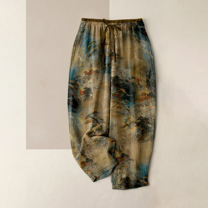Buddha Stones Pantalon pour femme en coton délavé à motif paysage de montagne, taille élastique et poches - Tanné - US16，UK/AU20，EU48 (3XL) - image 0
