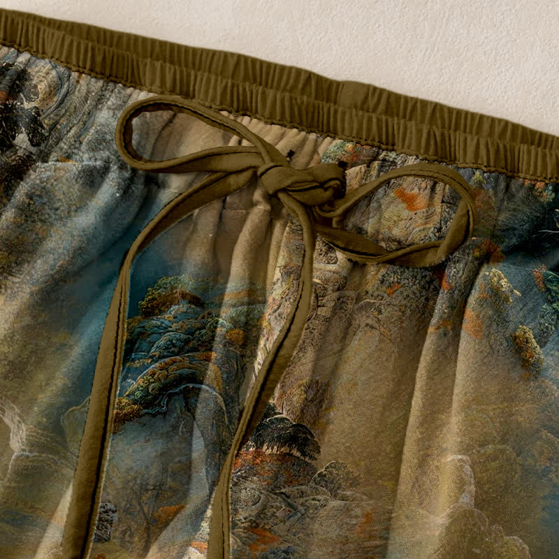 Buddha Stones Pantalon pour femme en coton délavé à motif paysage de montagne, taille élastique et poches - image 1