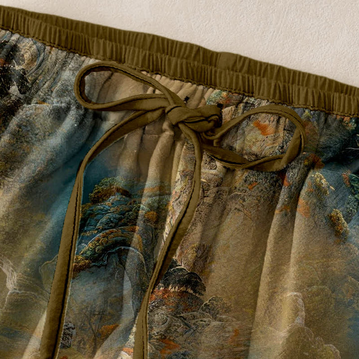 Buddha Stones Pantalon pour femme en coton délavé à motif paysage de montagne, taille élastique et poches - image 1