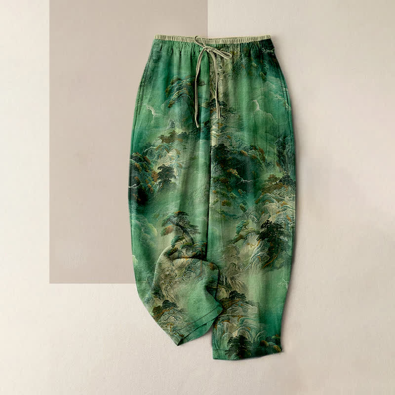 Buddha Stones Pantalon pour femme en coton délavé à motif paysage de montagne, taille élastique et poches - Vert d'eau - US16，UK/AU20，EU48 (3XL) - image 4