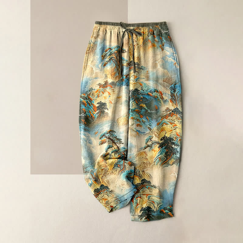Buddha Stones Pantalon pour femme en coton délavé à motif paysage de montagne, taille élastique et poches - Beige - US16，UK/AU20，EU48 (3XL) - image 5