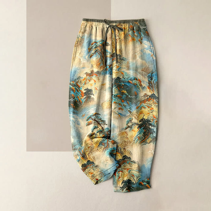 Buddha Stones Pantalon pour femme en coton délavé à motif paysage de montagne, taille élastique et poches - Beige - US16，UK/AU20，EU48 (3XL) - image 5