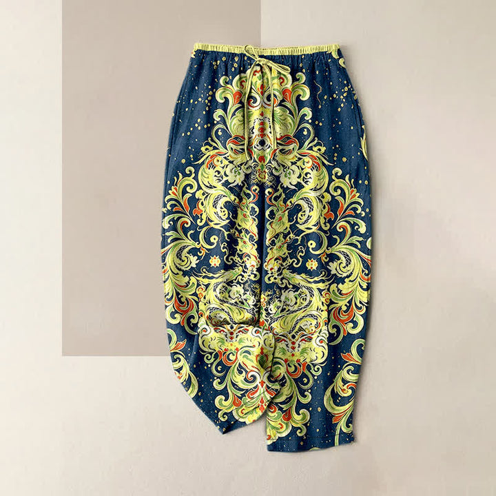 Buddha Stones Pantalon pour femme en pur coton à motif floral cachemire vif, taille élastique et poches - Marine - US16，UK/AU20，EU48 (3XL) - image 0