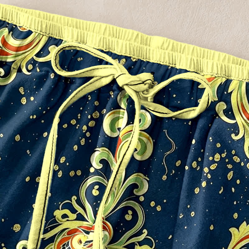 Buddha Stones Pantalon pour femme en pur coton à motif floral cachemire vif, taille élastique et poches - image 1