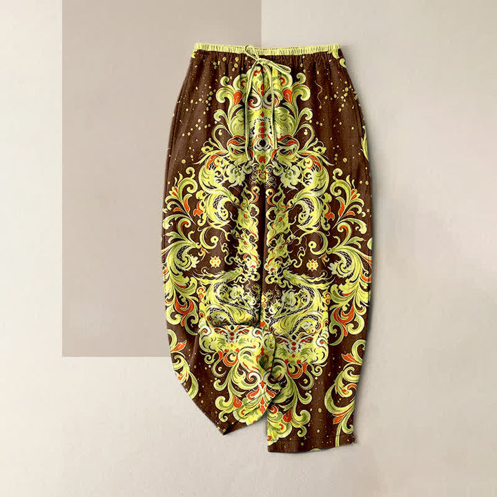 Buddha Stones Pantalon pour femme en pur coton à motif floral cachemire vif, taille élastique et poches - SaddleBrown - US16，UK/AU20，EU48 (3XL) - image 4