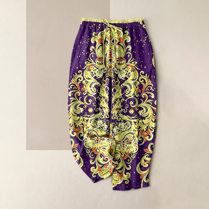 Buddha Stones Pantalon pour femme en pur coton à motif floral cachemire vif, taille élastique et poches - Violet - US16，UK/AU20，EU48 (3XL) - image 5