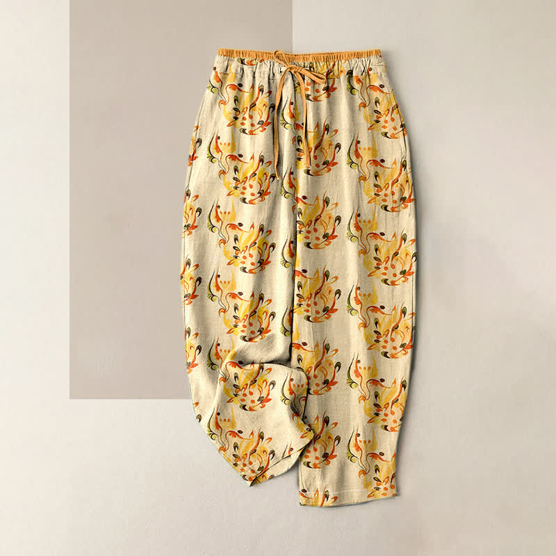 Buddha Stones Pantalon pour femme en pur coton, à taille élastique et poches, motif floral abstrait ensoleillé. - Jaune d'or pâle - US16，UK/AU20，EU48 (3XL) - image 0