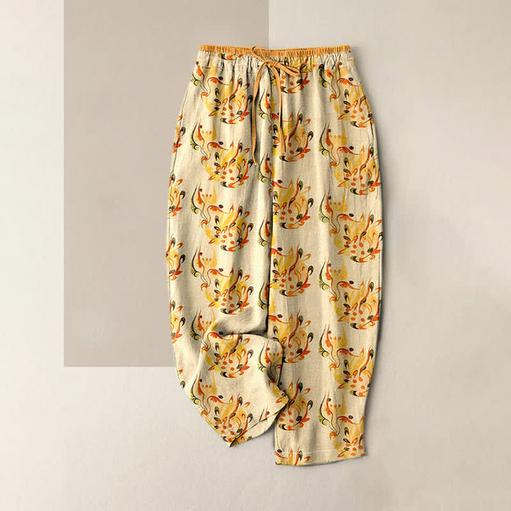 Buddha Stones Pantalon pour femme en pur coton, à taille élastique et poches, motif floral abstrait ensoleillé. - Jaune d'or pâle - US16，UK/AU20，EU48 (3XL) - image 0