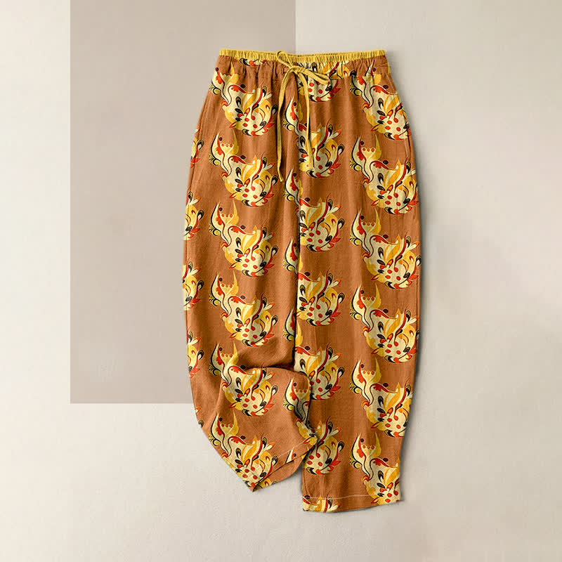 Buddha Stones Pantalon pour femme en pur coton, à taille élastique et poches, motif floral abstrait ensoleillé. - Pérou - US16，UK/AU20，EU48 (3XL) - image 4