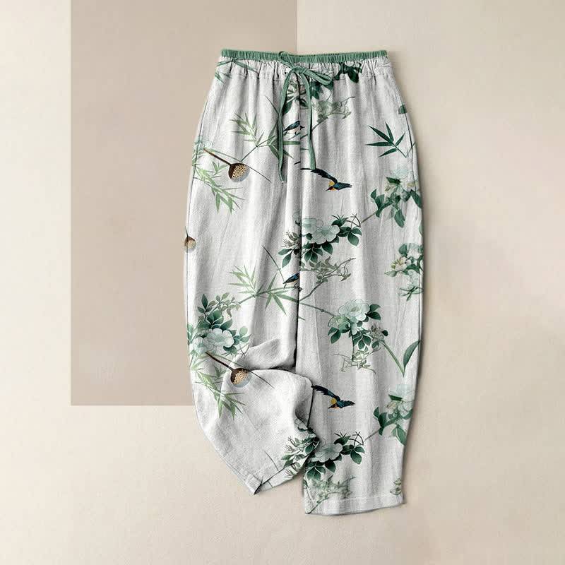 Buddha Stones Pantalon pour femme en pur coton, motif aquarelle de bambou, fleurs et oiseaux, taille élastique et poches - Blanc - US16，UK/AU20，EU48 (3XL) - image 0