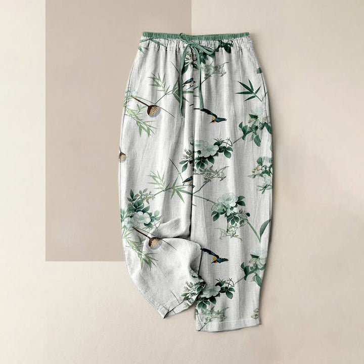 Buddha Stones Pantalon pour femme en pur coton, motif aquarelle de bambou, fleurs et oiseaux, taille élastique et poches - Blanc - US16，UK/AU20，EU48 (3XL) - image 0