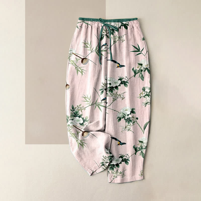 Buddha Stones Pantalon pour femme en pur coton, motif aquarelle de bambou, fleurs et oiseaux, taille élastique et poches - Rose clair - US16，UK/AU20，EU48 (3XL) - image 3