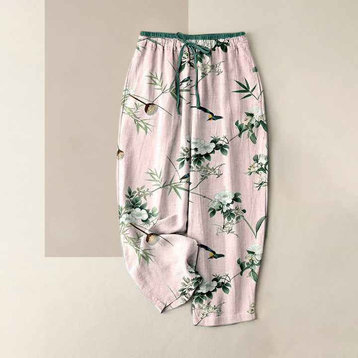 Buddha Stones Pantalon pour femme en pur coton, motif aquarelle de bambou, fleurs et oiseaux, taille élastique et poches - Rose clair - US16，UK/AU20，EU48 (3XL) - image 3