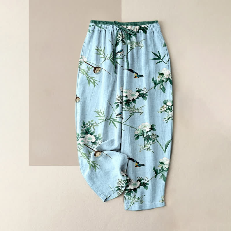 Buddha Stones Pantalon pour femme en pur coton, motif aquarelle de bambou, fleurs et oiseaux, taille élastique et poches - Bleu poudré - US16，UK/AU20，EU48 (3XL) - image 4