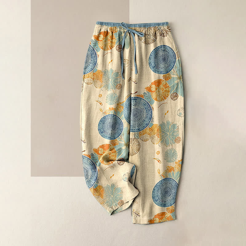 Buddha Stones Pantalon pour femme en pur coton à motif floral orange, taille élastique et poches - Beige - US16，UK/AU20，EU48 (3XL) - image 0