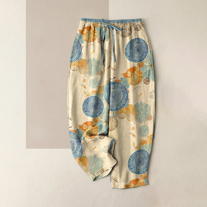 Buddha Stones Pantalon pour femme en pur coton à motif floral orange, taille élastique et poches - Beige - US16，UK/AU20，EU48 (3XL) - image 0